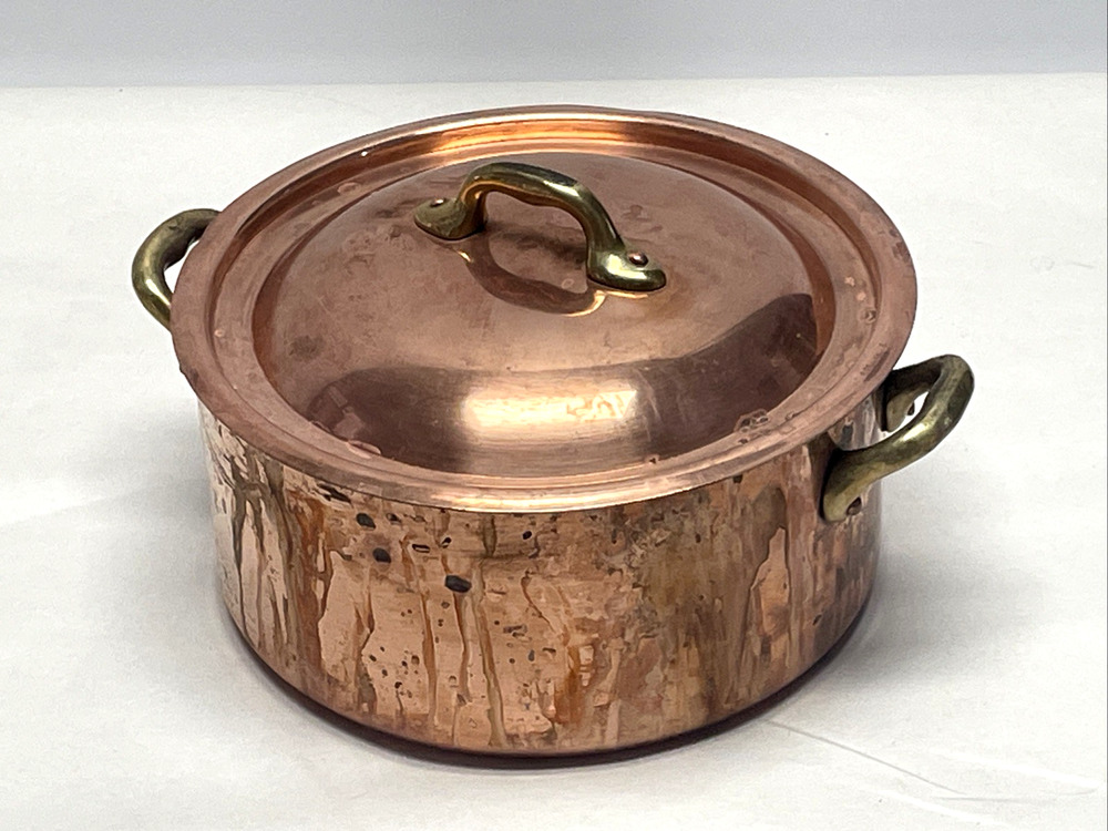 Vintage French Copper Stock Pot, 8" Dia x 4" H, Made in France